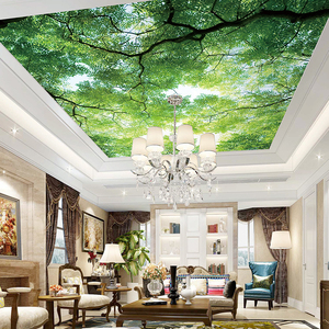 天花板树林壁纸蓝天白云大树顶壁画绿色风景空间延伸棚顶屋顶贴纸