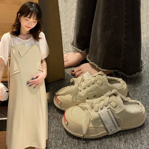 日本GP孕妇鞋2024新款夏季外穿半拖帆布鞋一脚蹬厚底宽松开口布鞋