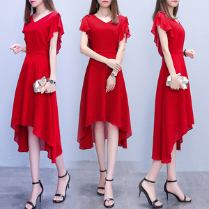 纯色连衣裙2023夏新款女韩版中长款不规则气质雪纺有女人味的裙子