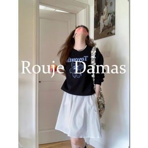 Rouje Damas 气质穿搭白色半身裙短裙黑色刺绣花朵圆领套头卫衣女
