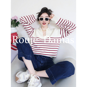 法国Rouje Damas 红色条纹polo领设计感毛衣针织衫女休闲套头上衣
