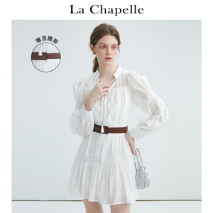 拉夏贝尔LaChapelle系带圆领长袖腰带款连衣裙女气质白色中长裙子