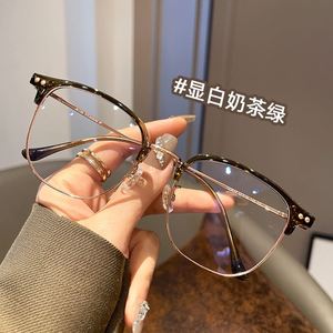 日本代购超轻素颜平光镜架圆长脸适合纯钛半框眼镜女款近视可配度