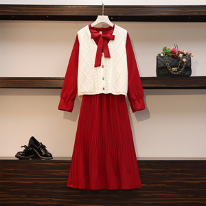 少女复古12两件套红色连衣裙秋春装13岁女大童收腰15初中学生裙子