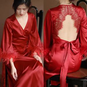 新款中式新娘晨袍长款婚礼冰丝绸羽毛红色睡衣蕾丝露背睡裙大码