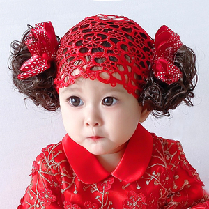 韩版婴儿女宝宝假发发饰发网发带百天周岁蝴蝶结拍照摄影大红色粉
