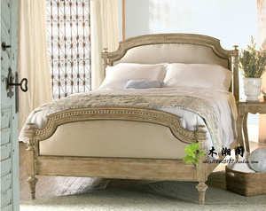 美式实木雕花床经典法式婚床美式乡村橡木软包床复古做旧双人床