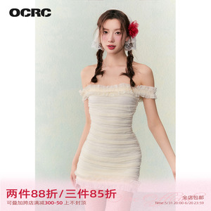 OCRC Official 一字肩两穿弹力蕾丝抽褶吊带裙甜美辣妹气质连衣裙
