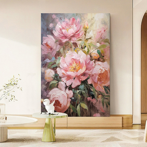牡丹花纯手绘油画玄关装饰画客厅抽象粉色奶油风花开富贵肌理挂画
