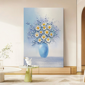 奶油风小雏菊纯手绘油画花瓶玄关装饰画客厅餐厅抽象花卉肌理挂画