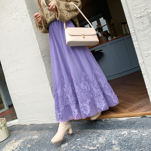 2024春季新款很仙的紫色蕾丝网纱A字半身裙女中长款高腰超仙裙子