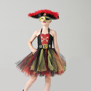 外贸女童万圣节加勒比海盗船长亮片cosplay角色扮演连衣裙演出服