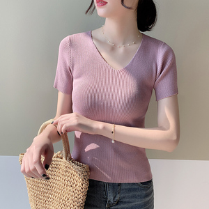 夏季短袖紫色T恤女V领修身显瘦薄简单冰丝针织衫套头打底短款上衣