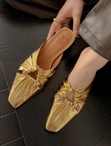李默默优雅范~4cm粗跟拖鞋女夏外穿设计感金色半拖穆勒鞋时尚凉拖