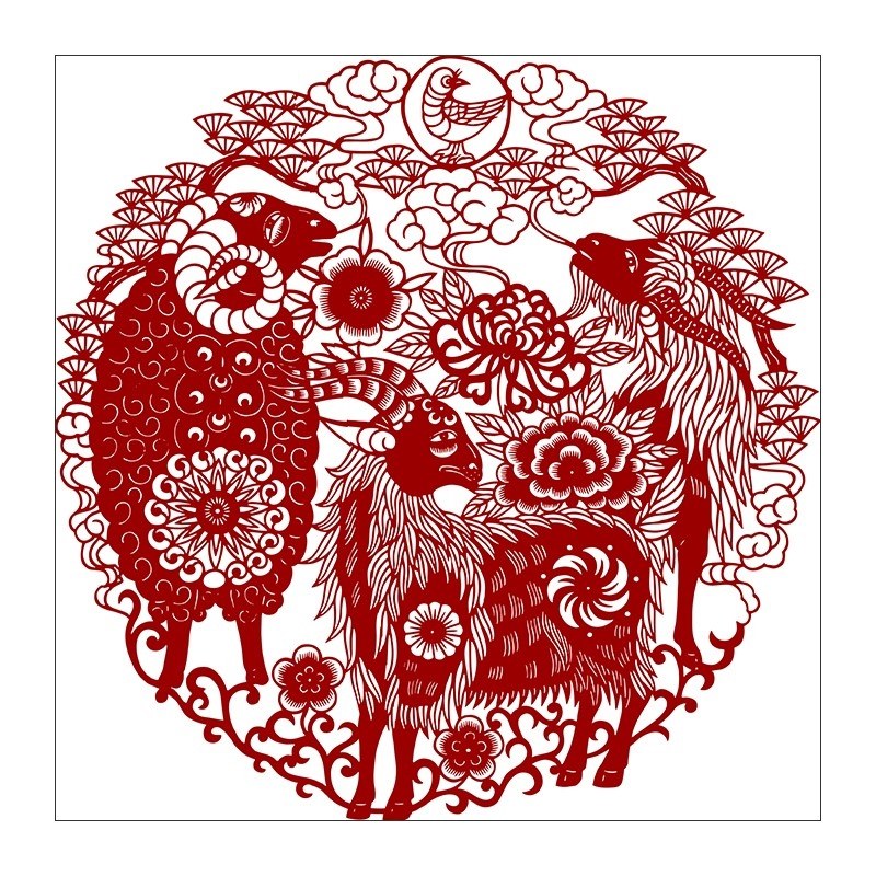 高清手工剪纸三阳开泰黑白打印底稿图案素材窗花刻纸传统吉祥图样