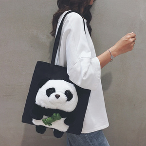 可爱熊猫玩偶公仔大容量帆布包女通勤百搭单肩包大学生上课手提袋