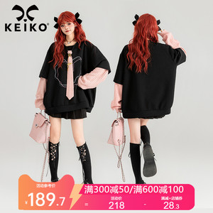 KEIKO 甜系领带饰假两件卫衣2024春夏学院风oversize宽松黑色上衣