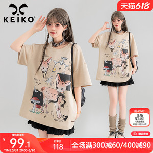 KEIKO 小鹿卡通印花短袖t恤女2024夏季新美式休闲棉质宽松上衣潮