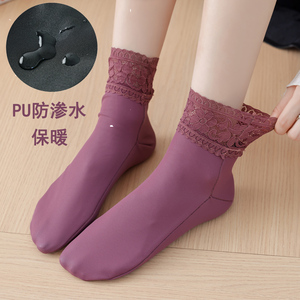 冬季保暖蕾丝短袜 PU防水黑色女士袜子柔软加厚地板袜月子女船袜