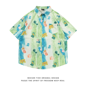MOISHE TIDE夏威夷风绿油画满印短袖花衬衫男女宽松情侣沙滩衬衣