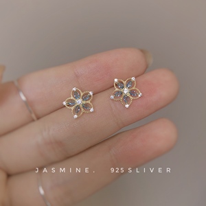 纯银 宝石蓝金边兰花 锆石耳钉 镂空花朵精致镶边耳环仙女