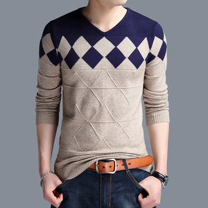 春秋季韩版潮流男士V长袖T恤青年薄款毛衣男装纯棉修身针织打底衫