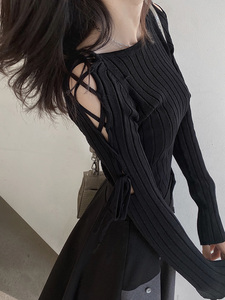 洋气露肩绑带一字领毛衣女2020年新款韩版镂空套头针织打底衫上衣