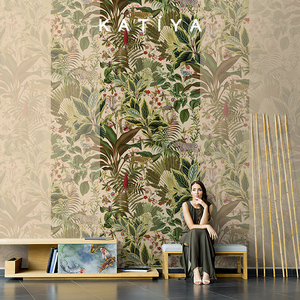 Katiya美式东南亚动物墙布热带3d风格电视背景墙壁纸手绘定制壁画