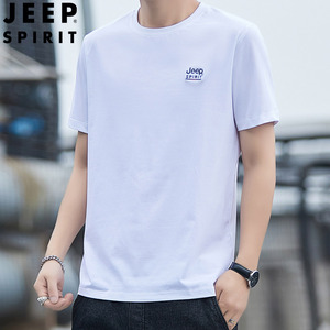 Jeep吉普男装2024夏季纯棉绣标短袖t恤男纯色圆领宽松白色体恤衫