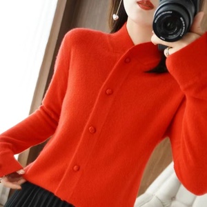春秋羊绒开衫女复古红色毛衣气质中国风立领宽松盘扣针织羊毛外套