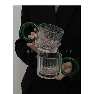 浮雕刻花圆环水杯翡翠绿手把家用玻璃杯子冷饮果汁杯早餐杯牛奶杯