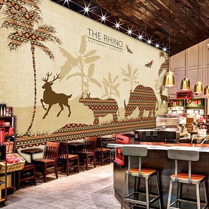 东南亚风格泰式主题餐厅壁画印度民宿瑜伽馆定制壁纸抽象大象墙布