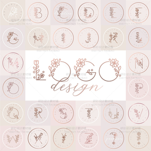 英文字母婚礼LOGO小清新花环玫瑰金色创意简约店标头像AI设计素材