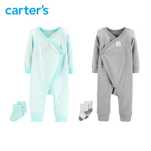 Carters秋新款两件装侧开襟连体衣哈衣袜子男女宝宝童装1