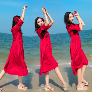 红色沙滩裙女夏2023新款海边度假连衣裙波西米亚海滩长裙巴厘岛裙