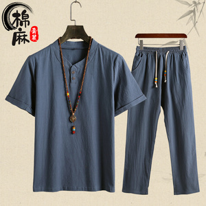 中式棉麻短袖套装男士复古风汉服长裤夏季中国风亚麻唐装两件套薄