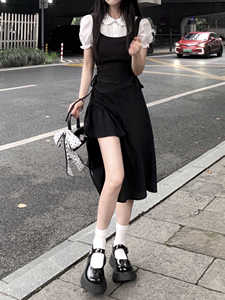 学院风套装韩式高级感穿搭炸街减龄时尚不规则黑色吊带连衣裙夏季