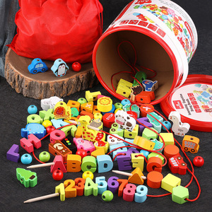 儿童串珠子玩具益智早教木制数字字母穿线水果蔬菜农场锻炼穿线绳