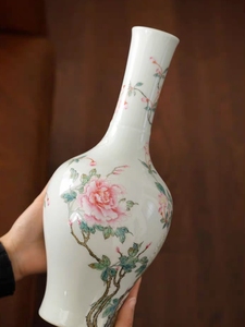 小白茶具//忘言造物＜粉彩牡丹橄榄花瓶＞家居摆件纯手绘陶瓷花瓶