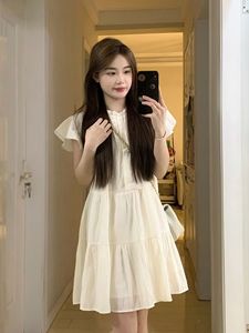 韩式白色连衣裙女夏季2024新款气质小个子高级感花边领甜美娃娃裙