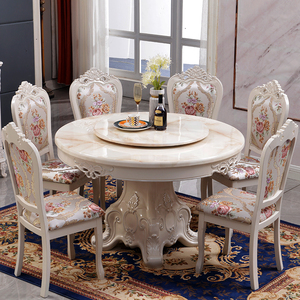 餐厅欧式餐桌椅组合大理石实木圆桌带转盘10人饭桌圆形家用小户型