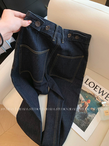 深蓝色牛仔裤女春季新款女装直筒显瘦宽松美式复古高腰设计感裤子