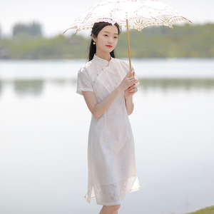 领证小白裙茶服中式棉麻连衣裙白色旗袍改良年轻款少女日常小个子