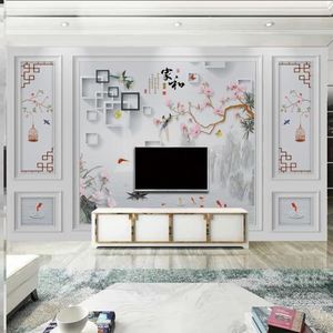 新中式电视背景墙壁纸花鸟墙纸卧室客厅3d自带假边框壁画影视墙布