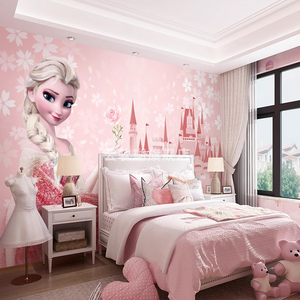 爱艾莎公主房壁纸冰雪奇缘儿童房卧室床头温馨背景墙纸卡通粉色布