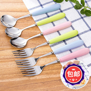 L磨砂彩虹陶瓷韩式创意不锈钢学生餐具 可爱叉子小勺子