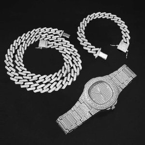 男女嘻哈流行方形镶钻欧美迈阿密古巴粗项链手链日历手表饰品套装