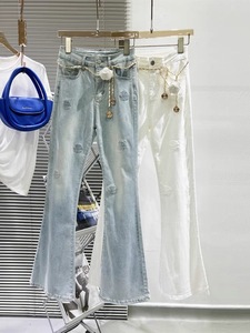 微喇牛仔裤女2024夏季新款白色高腰链条立体玫瑰花弹力修身喇叭裤