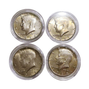 外国钱币美国50美分银币四4枚不同年份半美元送圆盒肯尼迪真硬币