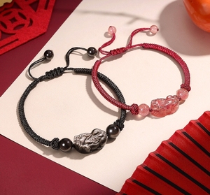 静风格情侣手链貔貅吞金兽草莓晶银曜石男女编织黑红手绳闺蜜礼物